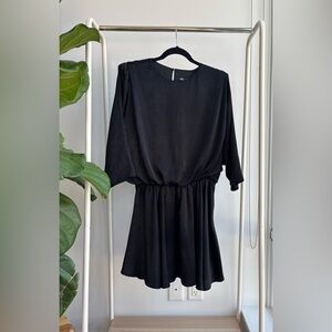 ZARA | Black satin dress with elastic waist and shoulder pads L